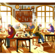 images/alogos/03 llustrate a logo that captures a cozy workshop atmosphere, focusing on a sturdy wooden table at the center with a diverse group of elderly men and wo.png